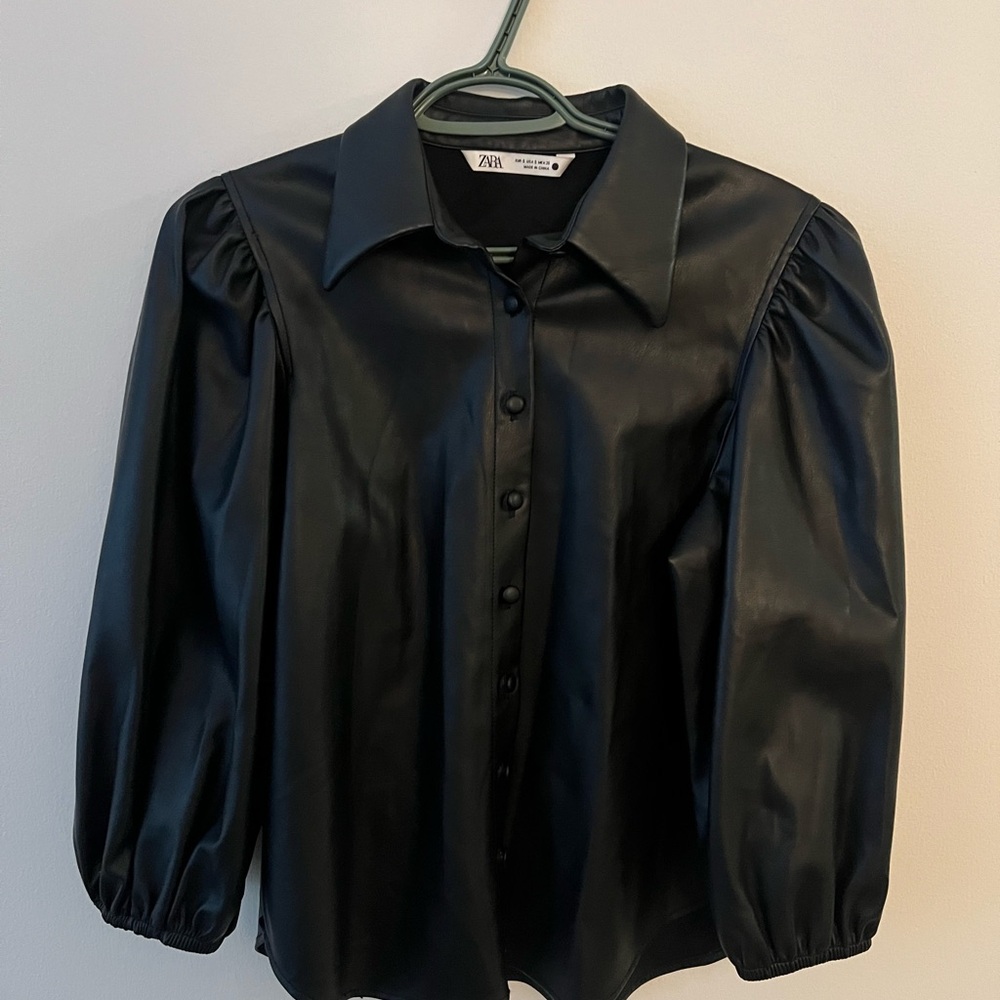 Zara Black Faux Leather Blouse